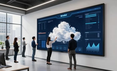 Architectural wide photography of a high-tech studio in a US city. A team interacts with a large, wall-mounted touch screen displaying a deep navy and cloud-white system dashboard. The aesthetic is clean and ultra-modern.