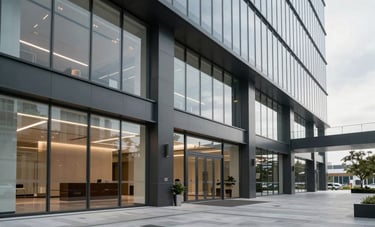 Photography of a sleek, high-end North American corporate office lobby, glass walls, charcoal gray architectural accents, clean and wide-angle perspective.