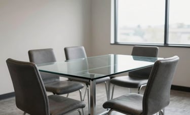 Photography of a professional North American meeting room with a clean glass table, slate gray chairs, minimalist decor, and soft natural lighting from a large window.