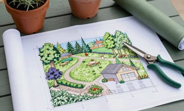 Top-down photography of a professional landscape design blueprint on a garden table, surrounded by potted lavender and garden shears, North American backyard setting, elegant and sophisticated, forest green and sage green accents.