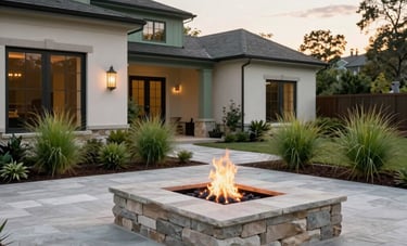 Architectural photography of a modern flagstone patio with an integrated stone fire pit, lush ornamental grass landscaping, North American residence, twilight lighting, calm and high-end feel, sage green and creamy white tones.