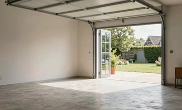 Interior of a clean, spacious garage in a French home after being cleared. The floor is swept, and the space looks refreshed and empty. Natural soft light coming from an open door, professional architectural photography.