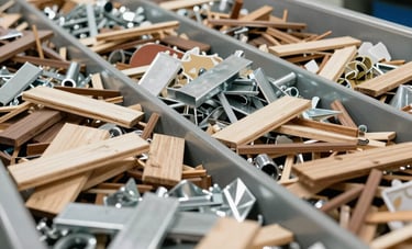 A detailed shot of neatly organized recyclable materials like wood and metal in a professional sorting facility in France. Bright, clean environment, reflecting an eco-friendly and responsible business ethos.