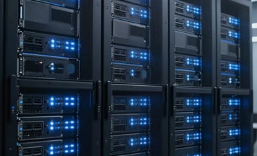 Clean, minimalist data center view with racks of servers emitting a soft electric blue light, representing powerful cloud-based AI processing, professional tech style.