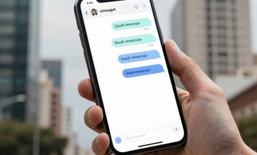 A close-up photo of a professional hand holding a smartphone with a messaging interface showing an automated chatbot flow, blurred South American urban business district background.