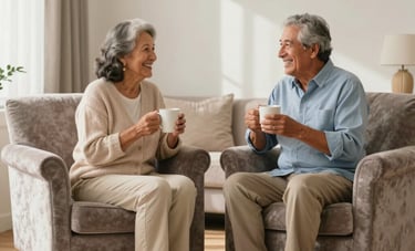 A heartwarming photo of an elderly South American couple sitting happily in two perfectly clean, plush velvet armchairs in a tidy, sunlit living room. They are smiling and holding mugs. The scene conveys comfort, health, and a sense of impeccable organization.