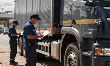 South American / Brazilian cargo inspection area, professional staff verifying load documents next to trucks, dark blue-grey and gold accents, well-lit sunny day.