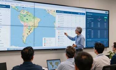 South American / Brazilian logistics headquarters, a team of professionals looking at large screens with map data and fleet statistics, slate blue and off-white office environment.