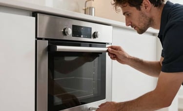 Wide-angle photography of a modern kitchen in Dubai Silicon Oasis. A professional technician is inspecting a built-in stainless steel oven. The lighting is crisp and modern, reflecting a reliable and efficient service environment in the Middle Eastern / Gulf region.