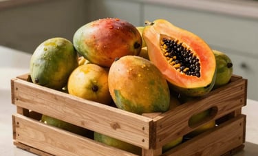 A beautiful wooden crate overflowing with tropical South American fruits like mangoes and papayas, placed on a light beige kitchen counter with soft morning sunlight.