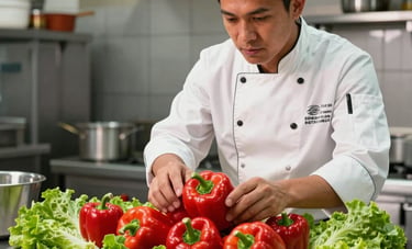 A professional South American / Brazilian commercial kitchen scene where a chef inspects a delivery of vibrant red peppers and crisp green lettuce on a stainless steel table.