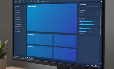 Close-up of a high-resolution monitor in a modern North American workspace. The screen displays a sophisticated digital marketing dashboard with slate blue and indigo gradients. Minimalist desk setup, professional lighting.