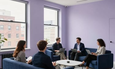 A wide-angle shot of a high-end branding agency studio in a North American city. Clean lavender gray walls, large windows, minimalist indigo furniture. A professional collaborative atmosphere.