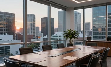 A wide shot of a contemporary corporate boardroom in a North American / Mexican metropolitan area. Large windows overlooking a business district at sunset. Sophisticated atmosphere.
