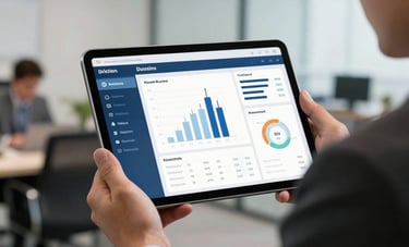 High-quality professional photography of a business dashboard displayed on a tablet held by an executive in a business suit. North American / Mexican office background, sharp focus.
