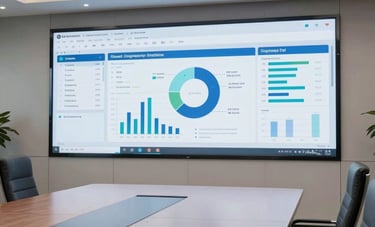 A high-tech North American conference room with a large wall-mounted screen showing project management software. Professional environment, modern architecture, clean lines, and sophisticated lighting that feels premium and corporate.