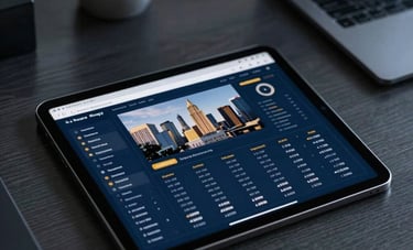 A sharp, high-contrast photograph of a professional workspace in a North American city. A sleek tablet displays a real estate dashboard and sales metrics. The lighting is crisp and cool, emphasizing a results-driven atmosphere with dark blue and gold tones.