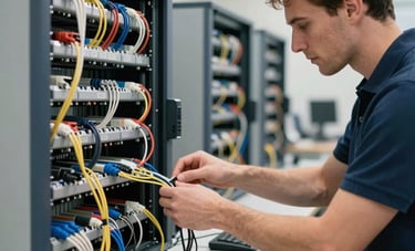 Un technicien spécialisé inspectant une baie de brassage informatique organisée de façon impeccable dans un bureau européen. Les câbles sont parfaitement alignés. Style photographique net et professionnel. Couleurs dominantes : bleu sourd et gris pâle.