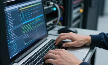 Gros plan sur les mains d'un ingénieur réseau travaillant sur un tableau de bord complexe dans une salle de serveurs hautement sécurisée en France. Éclairage bleuté technologique, atmosphère de haute précision et fiabilité. Couleurs : bleu foncé et bleu acier.