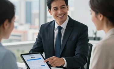 A professional South American lawyer in a bright, modern office in Medellín, pointing at a tablet screen showing successful transaction details to a smiling client. The atmosphere is highly professional and trustworthy. Clean lighting with soft blue shadows. Background shows a blurred city skyline.