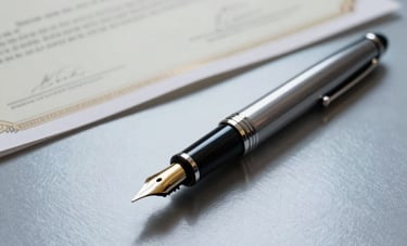 Close-up of professional legal documents and a high-end fountain pen on a clean, light steel blue desk. A blurred Colombian legal certificate is visible in the background. The lighting is soft and focused, conveying a sense of meticulous attention to detail and corporate authority.