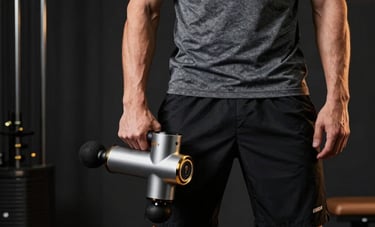 A male athlete performing mobility work with a massage gun in a premium dark gym setting. He is wearing a grey t-shirt and black knee-length shorts. Global / Performance Athletics. Dramatic lighting highlights his muscle definition and the premium feel of the equipment. Colors: black, dark grey, gold.