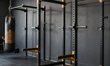An empty, premium hybrid athlete academy with high-end lifting racks and heavy bags. The aesthetic is clean and masculine with dark grey walls and gold accents on the gear. Global / Performance Athletics. No people are visible. Sharp, high-contrast photography.