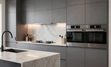 Professional photography of a sleek, high-end modern kitchen in a Spanish home, featuring steel gray cabinetry, white marble countertops, and integrated appliances with minimalist lighting.