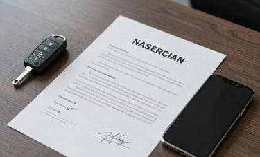 Top-down view of a professional desk in a high-rise office, featuring a luxury car key, a high-end smartphone, and a signed contract, clean and modern North American business style.