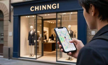 An elegant street view of a boutique shop in Florence, an European / Italian Chinese customer using a smartphone to find the location on a map app. Sand and dark blue color palette, high-end photography style.