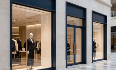 High-end commercial storefront photography in a modern Middle Eastern / Gulf plaza, with minimalist architecture, polished ice-colored stone floors, and sophisticated dark navy window frames.