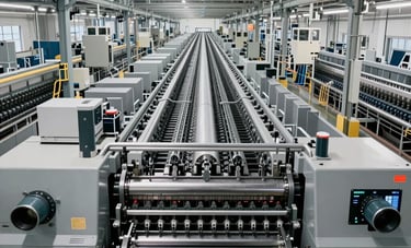 A wide angle view of a modern paper production facility, showcasing long rows of clean, automated machinery. Central European / German factory setting. Elegant, technical, and highly organized.
