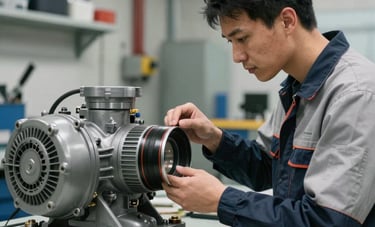 A skilled technician in neat workwear inspecting a large industrial pump on a workbench. The environment suggests a high-end repair workshop in Central Europe. The mood is focused and professional.