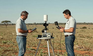 Geophysical survey experts using electronic sensors and ground penetrating equipment on a vast terrain in the Brasília region, South American / Brazilian landscape, clear sky, professional engineering atmosphere, using light gray and sage green colors.