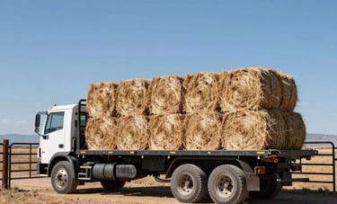 A flatbed truck loaded with uniform hay bales parked near a ranch gate in the North American Southwest. The composition is clean and professional, with a bright blue sky overhead.