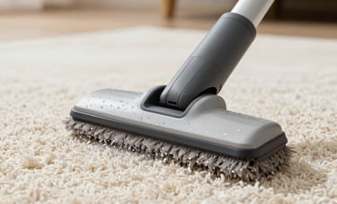 Macro shot of a specialized carpet cleaning head at work on a plush cream-colored rug in a German living room. Small water droplets are visible as they are extracted. The lighting is clean and bright, conveying deep hygiene and freshness.