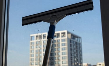 A close-up of a window squeegee clearing soapy water from a large glass pane. A clear blue sky and modern Central European architecture are reflected in the glass. The composition is dynamic and sharp, highlighting cleanliness and clarity.