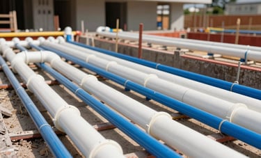 A professional view of a construction site in Brazil showing an organized layout of blue and white PVC plumbing pipes installed in the foundation of a modern building. Sunlight highlights the clean installation.