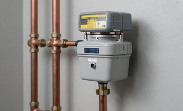 A modern gas meter installation inside a clean, well-lit service area of a Brazilian apartment complex. Copper pipes are neatly arranged against a light grey wall, showcasing technical expertise and safety.