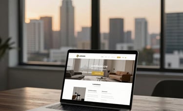 A minimalist, high-end South African design studio workspace. A sleek laptop on a dark wooden desk displays a professional landing page layout with gold accents. In the background, a large window reveals a soft-focus urban Johannesburg skyline during the gold-toned dusk. Professional, clean, and results-driven atmosphere.