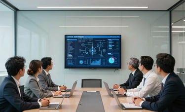 A group of professional South American executives in a collaborative meeting in a sleek, glass-walled boardroom. A screen shows a complex communication dashboard. Modern minimalist design with light blue and off-white accents.