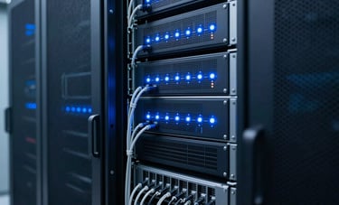 Close-up of a high-tech server rack in a modern Brazilian data center with glowing light blue indicators and neat cabling. The atmosphere is sterile, efficient, and sophisticated, dominated by deep navy blue tones.