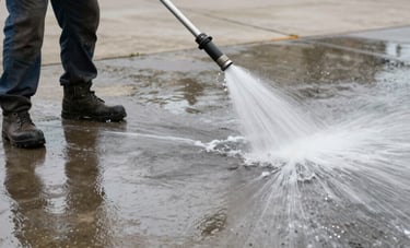 A high-action shot of a professional worker pressure washing a stained North American driveway, revealing the clean gray concrete beneath a spray of water.