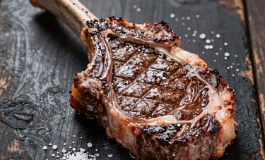 High-quality food photography of a perfectly cooked Angus ribeye steak on a rustic dark wood surface, garnished with salt, warm inviting lighting, representing premium South American culinary standards.