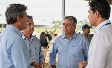A group of professional Brazilian agronomists and cattle breeders in an outdoor agricultural fair setting, engaged in high-level networking and discussion, bright natural light, professional attire.