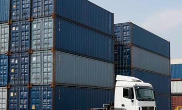 A professional scene at a Brazilian commercial port. Large shipping containers in navy and slate blue colors are stacked neatly. A modern truck is ready for loading in the foreground. Clean and crisp daytime lighting.
