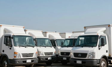 A fleet of clean, white delivery trucks lined up at a loading dock in South America. The composition is symmetrical and ordered, conveying reliability and professionalism. Clear blue sky in the background.