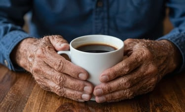 Close-up of two elderly hands holding a warm cup of coffee together on a wooden table, Latinoamericano context. The atmosphere is empathetic and secure. Rich textures and deep blue tones in the background.