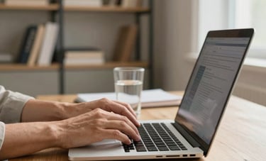 A close-up of professional hands typing on a modern laptop in a cozy, sun-drenched North American home office. The desk is organized with a leather mousepad, a glass of water, and a blurred background of a modern bookshelf. The atmosphere is calm, creative, and premium.