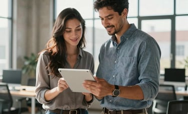 A professional North American man and woman in business casual attire standing in a sunlit, modern industrial-style office. They are looking at a tablet screen together and smiling, conveying a sense of collaboration, trust, and shared success. Clean lines and large windows in the background.